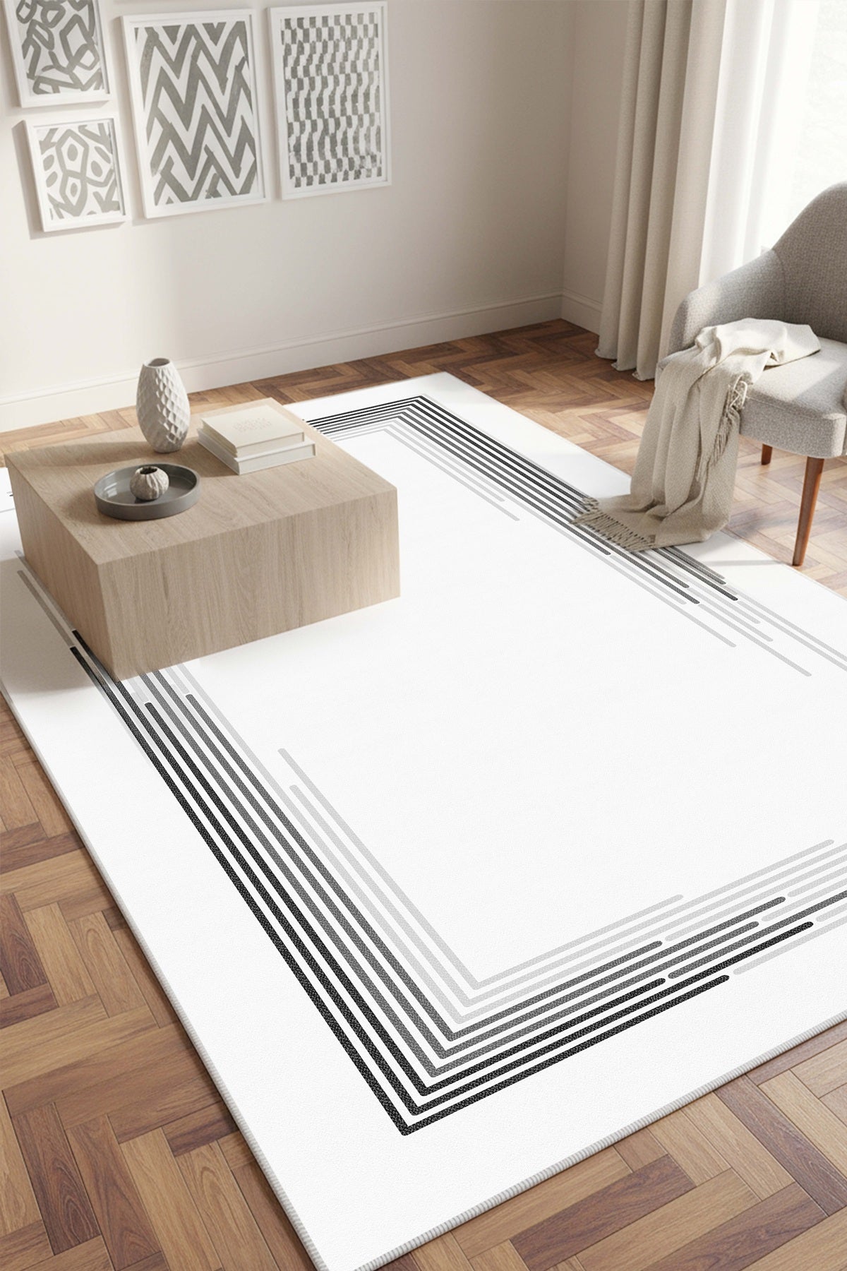 West Home Digital Print Washable Non-Slip Living Room, Kitchen and Hallway Rug - 768 White