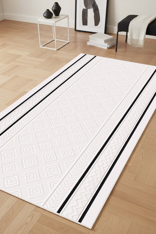 West Home Digital Print Washable Non-Slip Living Room, Kitchen and Hallway Rug - 768 White