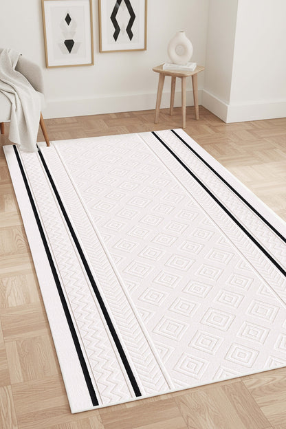 West Home Digital Print Washable Non-Slip Living Room, Kitchen and Hallway Rug - 768 White
