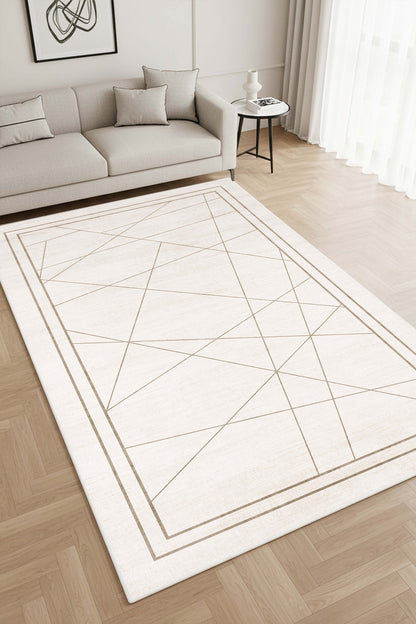 West Home Digital Print Washable Non-Slip Living Room, Kitchen and Hallway Rug - 422 Beige
