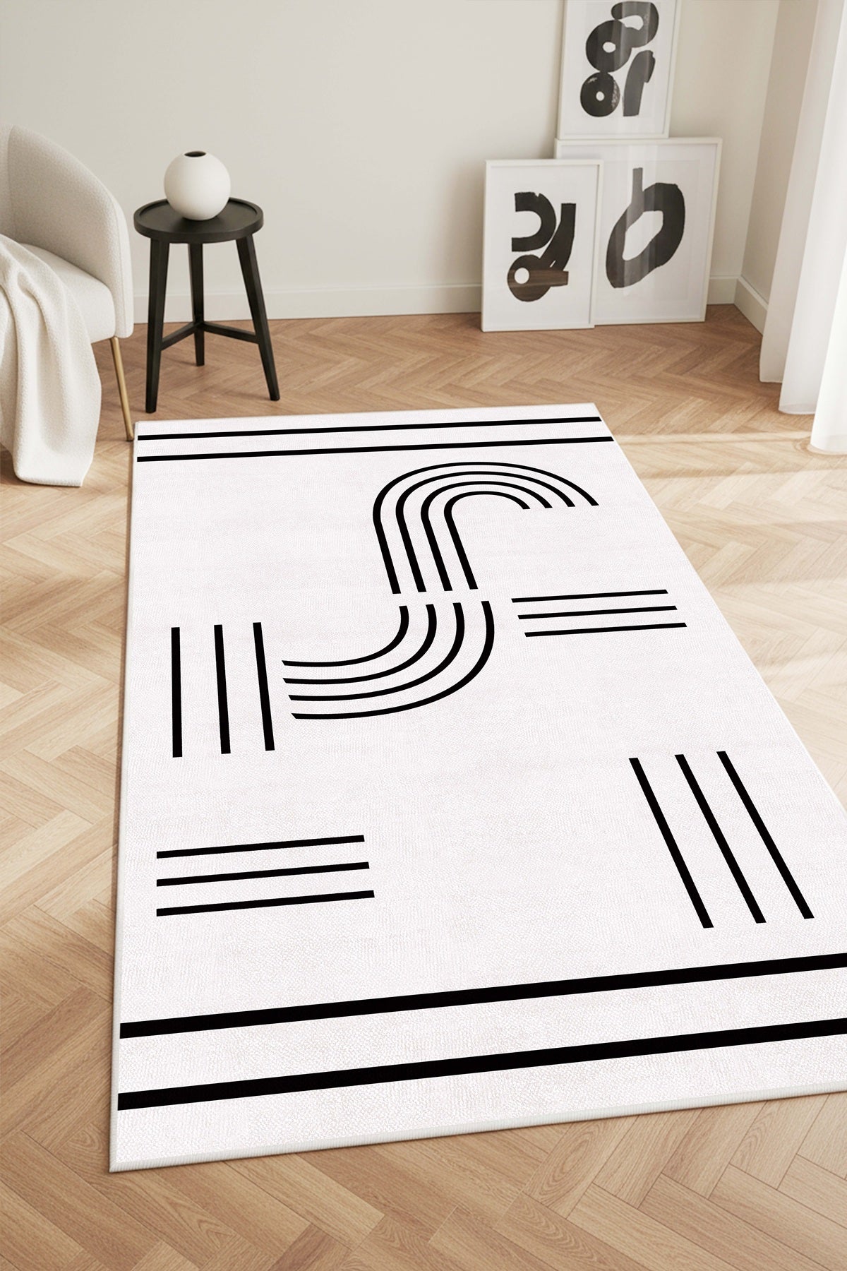 West Home Digital Print Washable Non-Slip Living Room, Kitchen and Hallway Rug - 768 White