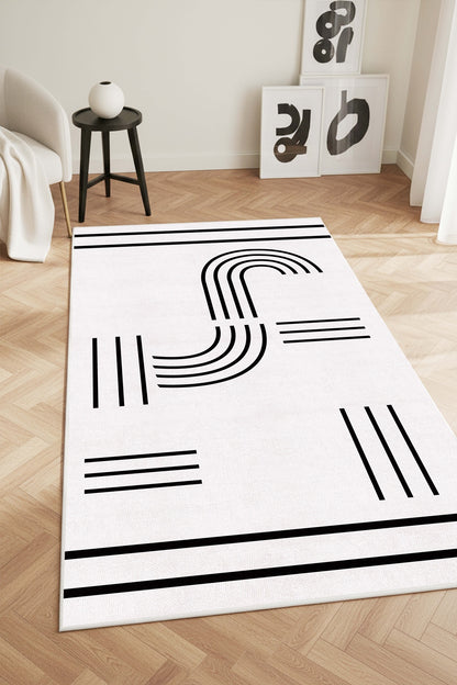 West Home Digital Print Washable Non-Slip Living Room, Kitchen and Hallway Rug - 768 White