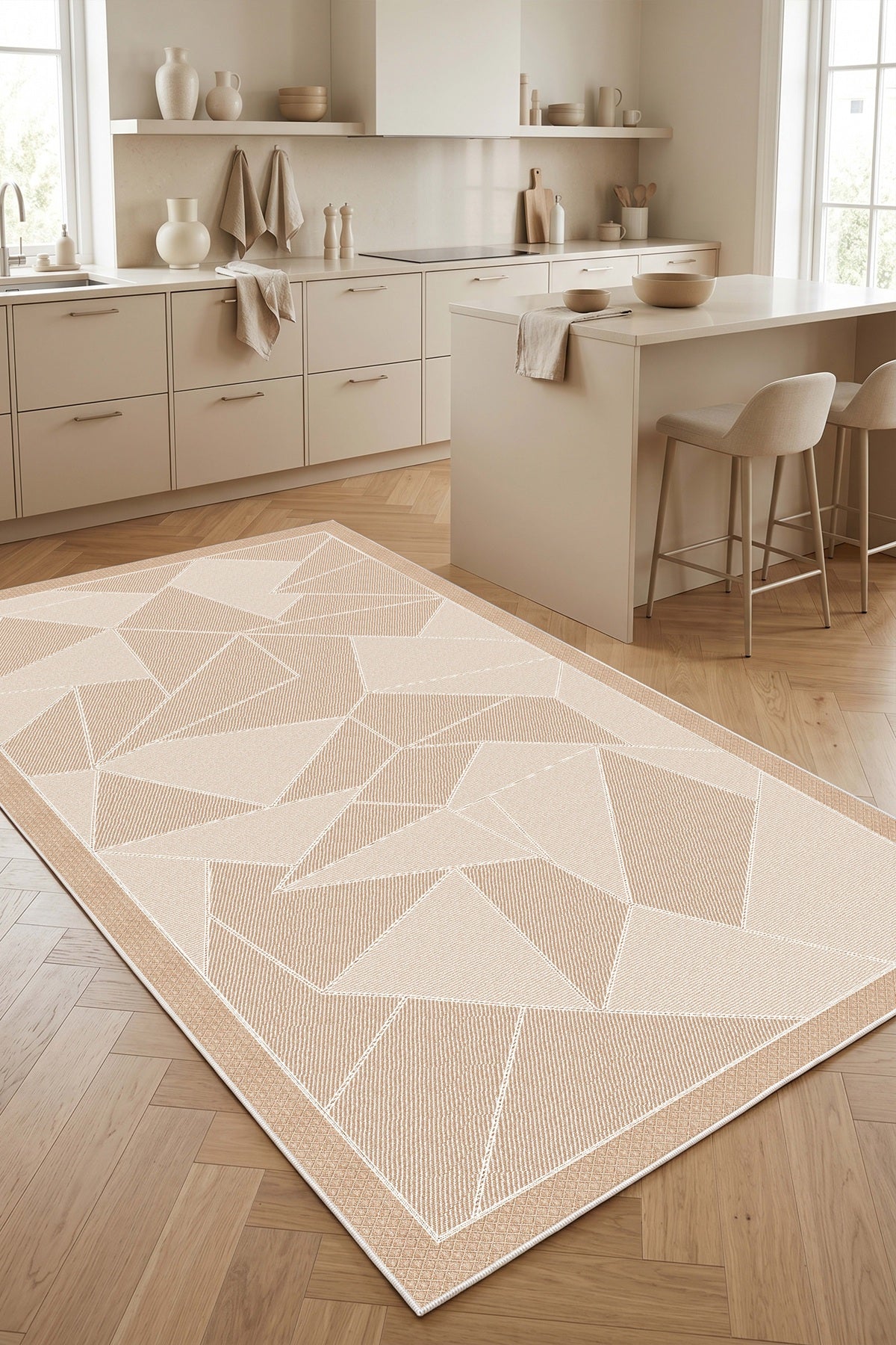 West Home Digital Print Washable Non-Slip Living Room, Kitchen and Hallway Rug - 422 Beige