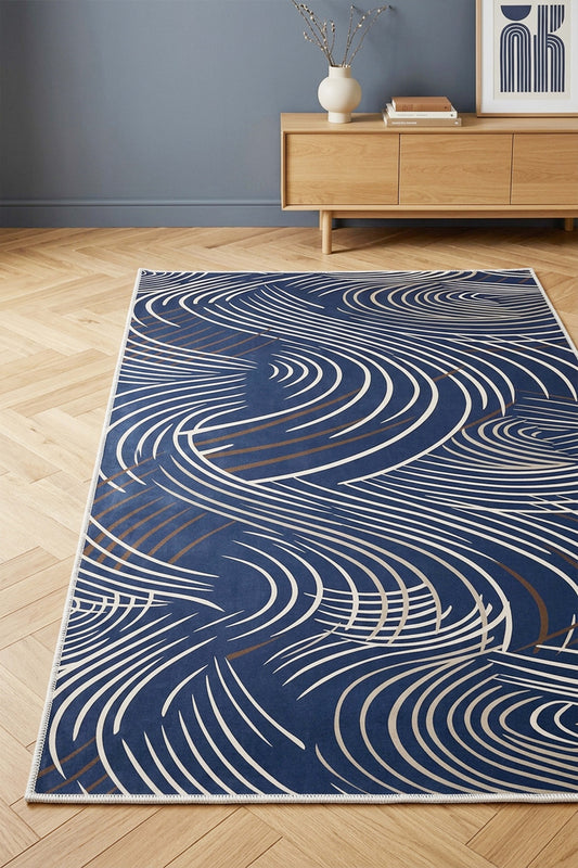 West Home Dijital Baskılı Yıkanabilir Kaymaz Taban Salon, Mutfak ve Yolluk Halısı-944 Blue