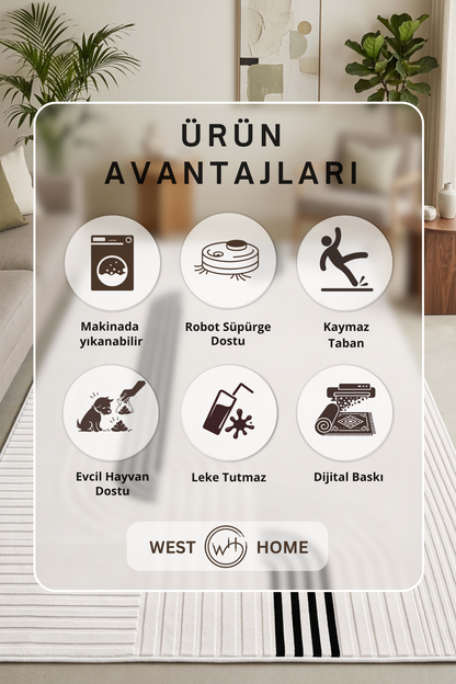 West Home Dijital Baskılı Yıkanabilir Kaymaz Taban Salon, Mutfak ve Yolluk Halısı-960 White