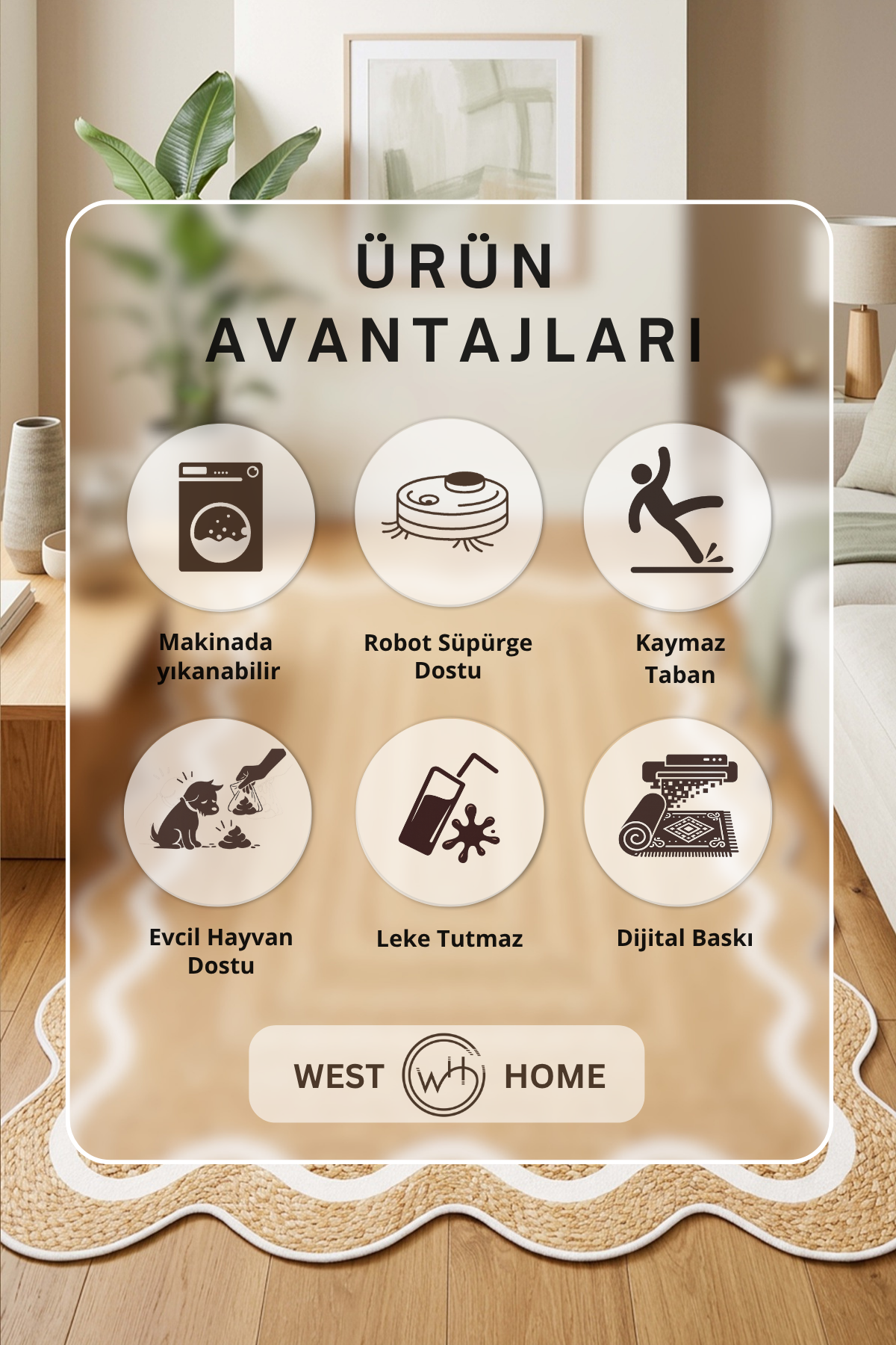 West Home Dijital Baskılı Yıkanabilir Kaymaz Taban Salon, Mutfak ve Yolluk Halısı-961 Beige