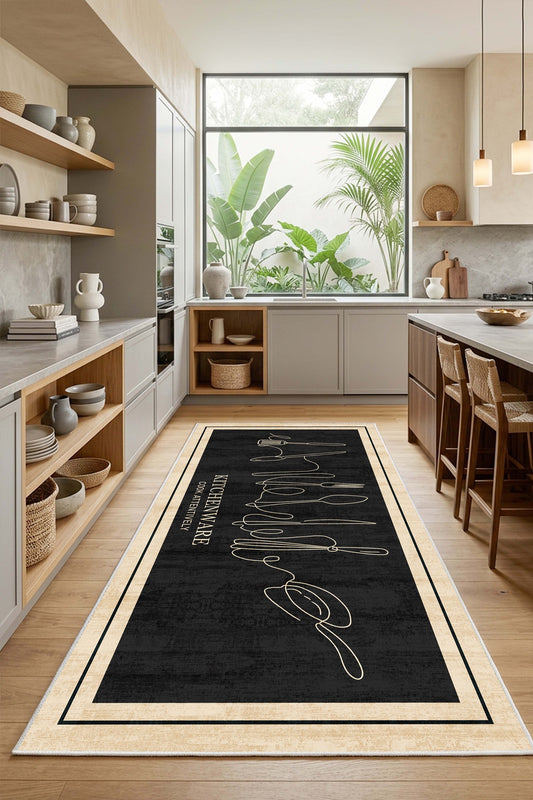 West Home Dijital Baskılı Yıkanabilir Kaymaz Taban Mutfak Halısı-984 Black